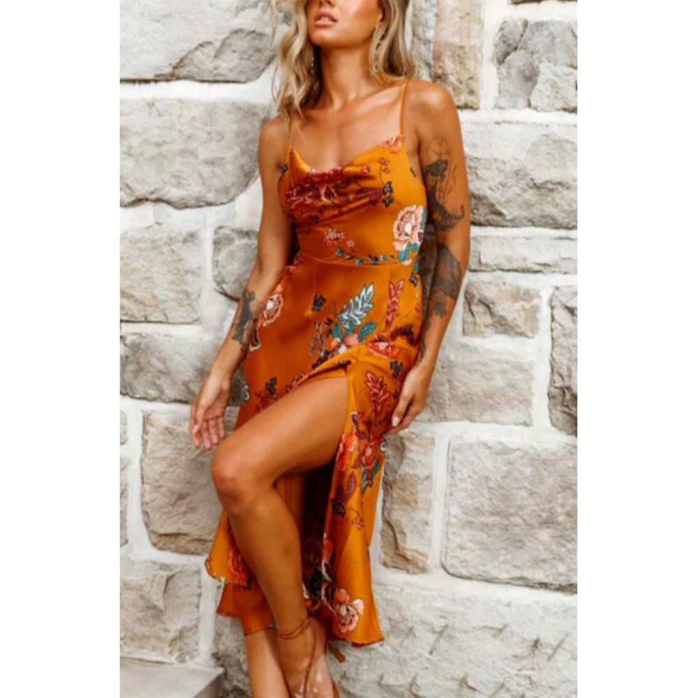 Cantonwalker Women Satin Slip Dress XS Cowl Neck Orange Floral Slit Sexy 90s Y2K